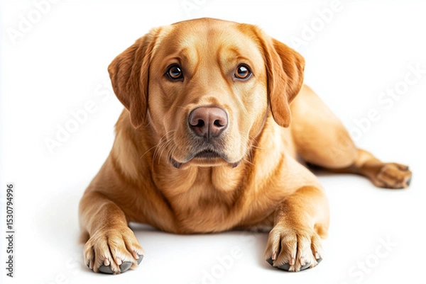 Fototapeta Golden Labrador Retriever Lying Down with Paws Forward on a White Background Looking Up