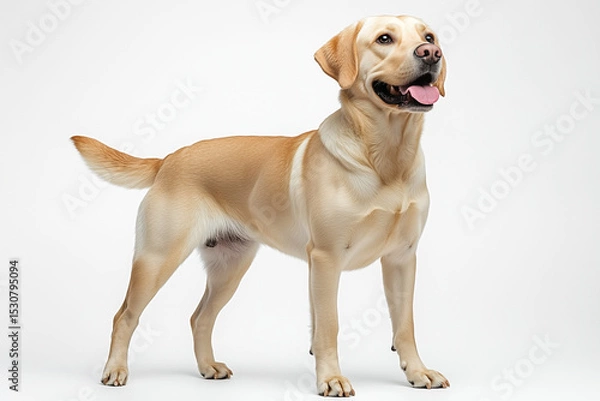 Fototapeta Golden Labrador Retriever Standing Tall, Tongue Out on White Background, Looking Up
