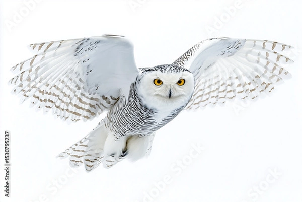 Fototapeta Graceful Snowy Owl Soaring Striking Portrait of a Majestic Bird in Flight on White Background