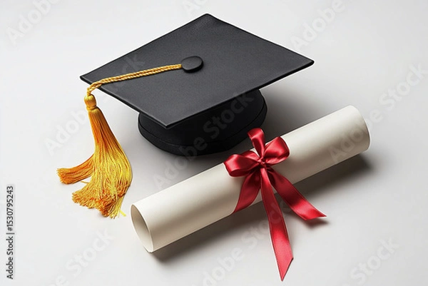 Fototapeta Graduation Cap with Gold Tassel and Diploma Scroll Tied with Red Ribbon on White