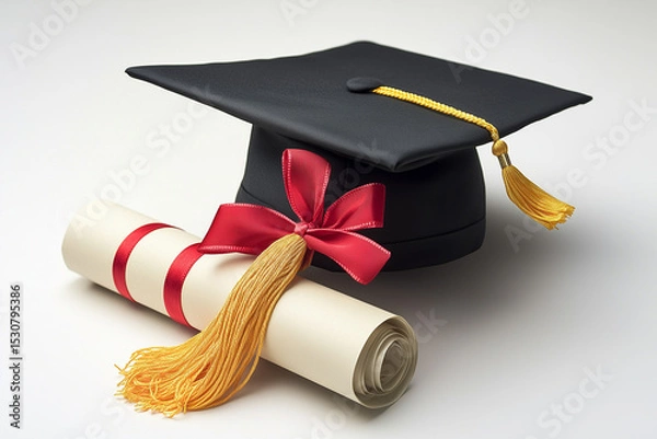 Fototapeta Graduation Mortarboard with Gold Tassel and Diploma Tied with Red Ribbon on White Background