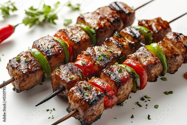 Fototapeta Grilled Meat Skewers with Peppers, Kebabs on a White Surface, Garnished with Herbs