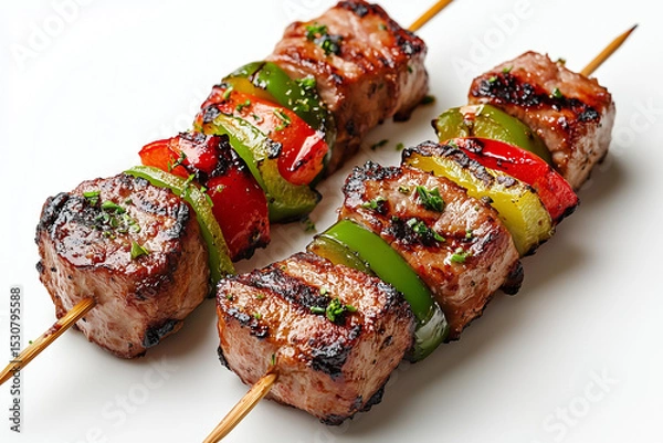 Fototapeta Grilled Meat Skewers with Colorful Bell Peppers on White Background Studio Shot