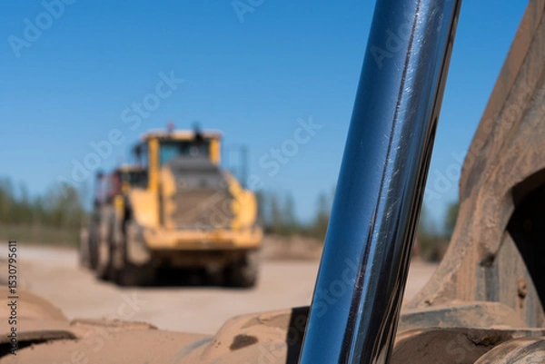 Fototapeta A cyclinder of a digger arm with a industrial vehicle in the background