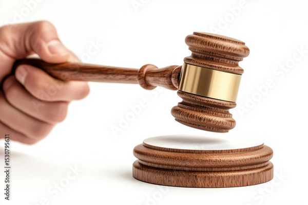 Fototapeta Hand Holding a Wooden Gavel with Gold Accent over Striking Block on White Background