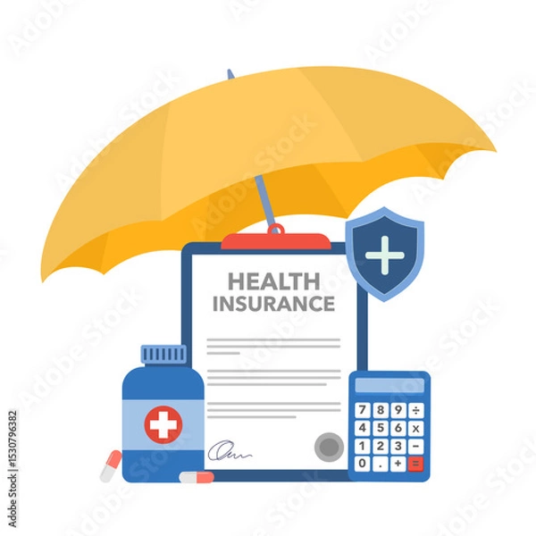 Obraz Business Insurance Concept. Policy Guarantee Business. 3D render illustration with Check Marks, Umbrella, Shield and checklist. Health insurance, Healthcare, finance and medical service