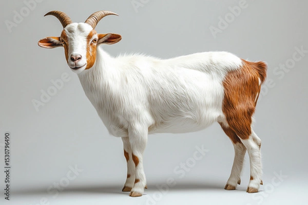 Fototapeta Isolated FullBody Portrait of a White and Brown Goat Standing on Gray Background