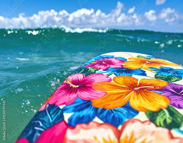 Fototapeta A vibrantly decorated surfboard with colorful tropical flowers floats on turquoise ocean water under a bright blue sky, capturing the essence of a perfect beach day.	