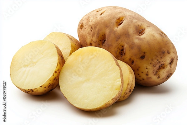 Fototapeta One Whole Potato and Sliced Yukon Gold Potatoes Displayed on White Background, CloseUp Shot