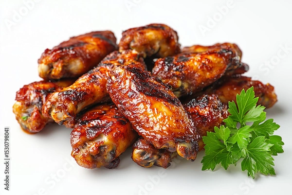 Fototapeta Pile of Delicious Glazed Chicken Wings with Garnish on a White Background Closeup