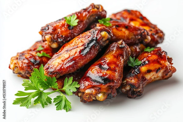 Fototapeta Pile of Delicious Grilled Chicken Wings Garnished with Fresh Parsley on White Background