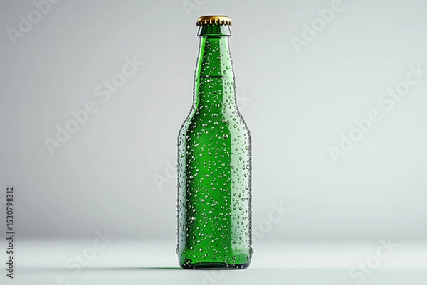 Fototapeta Refreshing Green Glass Bottle with Condensation Droplets and Golden Cap on a Gray Background