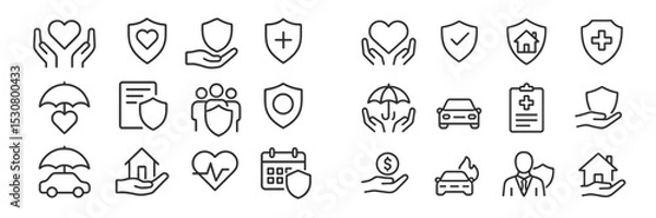 Fototapeta Hand-drawn icons representing various aspects of health, insurance, and financial protection displayed on a clean white background