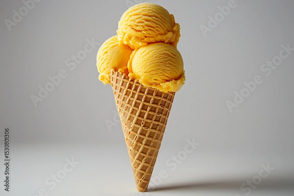 Fototapeta Three Scoops of Mango Ice Cream in a Waffle Cone on a Gray Background