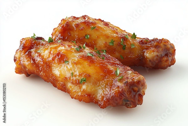 Fototapeta Two Glazed Chicken Wings Sprinkled with Fresh Parsley Against a White Background