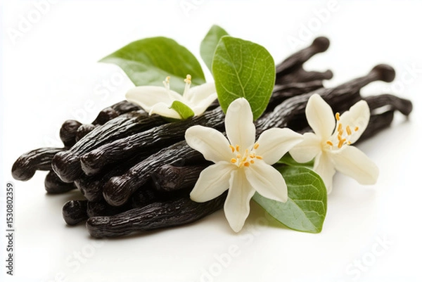 Fototapeta Vanilla Beans with Flowers and Leaves on White Background Culinary and Aromatic Theme