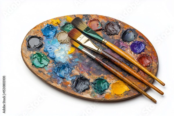 Fototapeta Wooden Palette with Colorful Oil Paints and Three Paintbrushes Resting on a White Surface