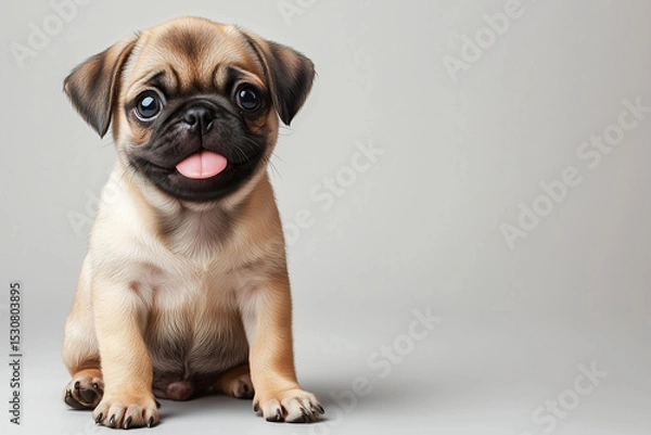 Fototapeta Adorable Fawn Pug Puppy Sitting Down, Tongue Out, Against Gray Background Studio Shot