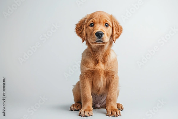 Fototapeta Adorable Golden Retriever Puppy Sitting Upright on Light Background with a Sweet Expression