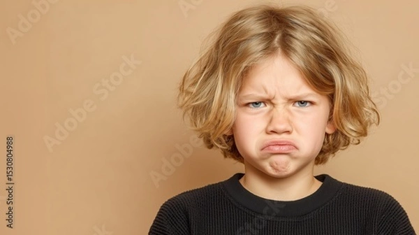 Fototapeta Young boy shows frustration with a frown against a neutral background during an indoor moment of displeasure