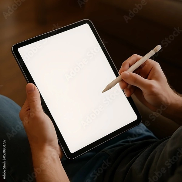 Fototapeta Realistic mockup of a digital artist holding tablet with stylus over lap, blank screen, indoor lighting