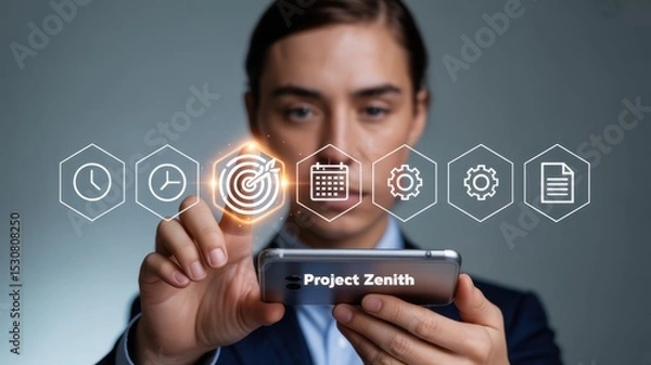 Fototapeta Person interacting with a digital interface on a smartphone.