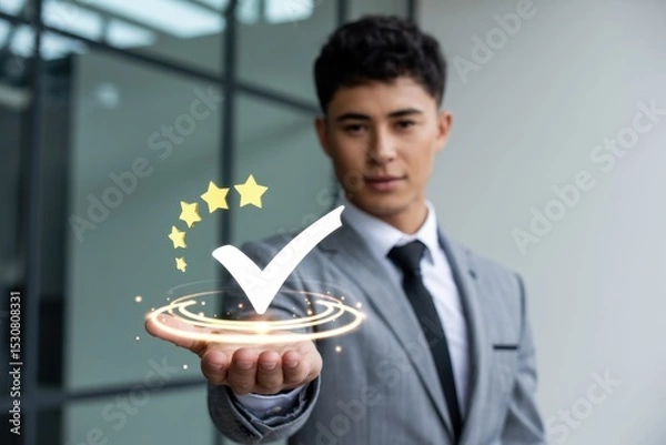 Fototapeta Businessman displays a virtual checkmark and stars.