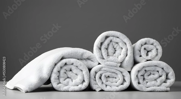 Fototapeta Neatly Rolled White Towels with One Folded Towel on a Surface


