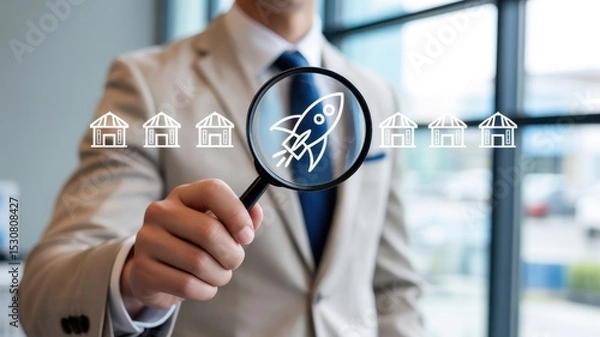 Fototapeta Magnifying glass highlighting a rocket ship over several buildings.