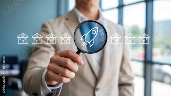 Fototapeta A magnifying glass focuses on a rocket ship over multiple houses.