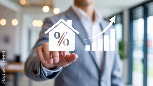 Fototapeta Projected real estate investment growth displayed on a touch screen.