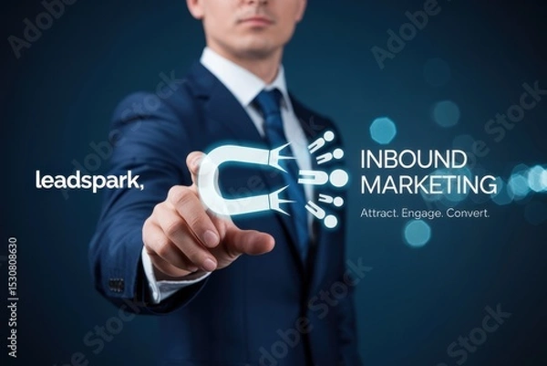 Fototapeta Businessman's hand interacting with a digital inbound marketing graphic.