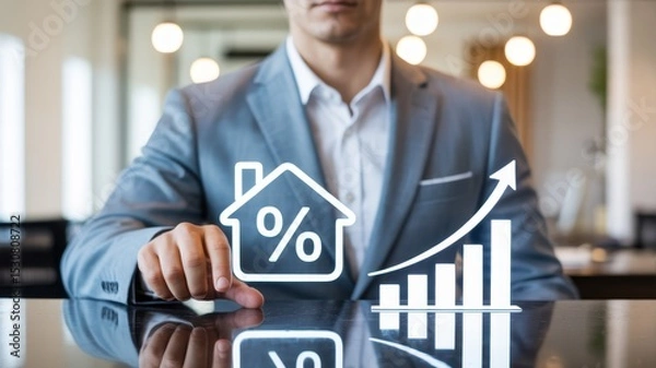 Fototapeta Businessperson interacting with a graphic of a house and percentage increase.