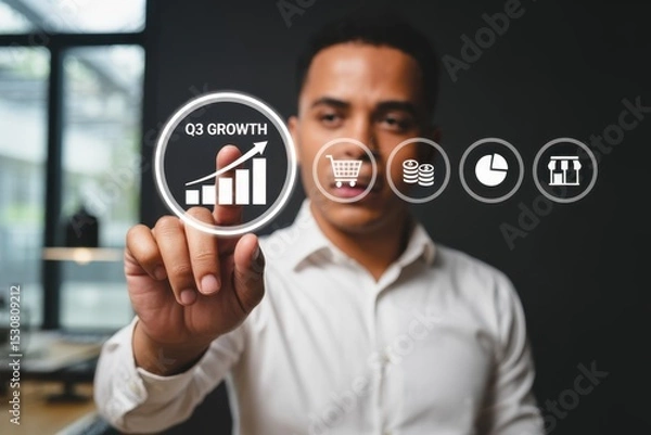 Fototapeta Person interacting with a projected graphic displaying financial growth indicators.