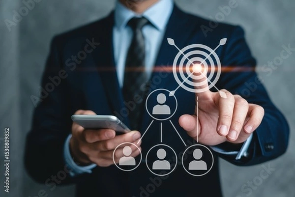 Fototapeta Businessman interacting with a target audience on a smartphone.
