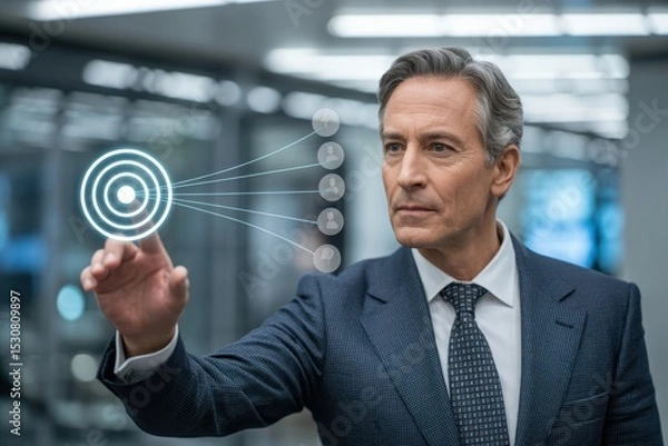 Fototapeta Businessman interacts with a digital target interface.