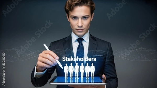 Fototapeta Businessman presenting stakeholders on a digital tablet.