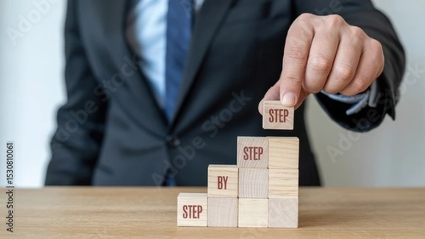 Fototapeta Businessperson placing a wooden block to build a step-by-step strategy.