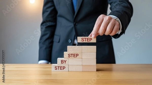 Fototapeta Businessperson placing wooden blocks forming a step-by-step concept.