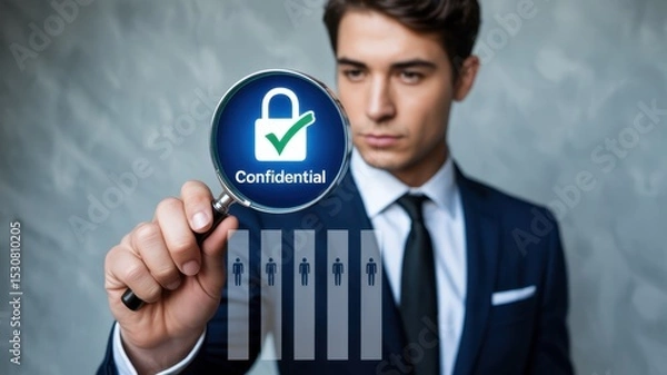 Fototapeta Businessman examines confidential data through a magnifying glass.