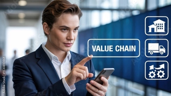 Fototapeta Business professional interacting with a value chain concept on a mobile device.