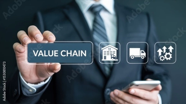 Fototapeta Businessman displaying a value chain concept on a touch screen.