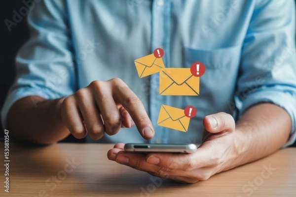 Fototapeta Person interacting with a smartphone displaying multiple email notifications.
