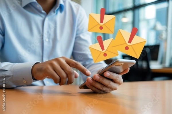 Fototapeta Person using a smartphone with email notification icons.