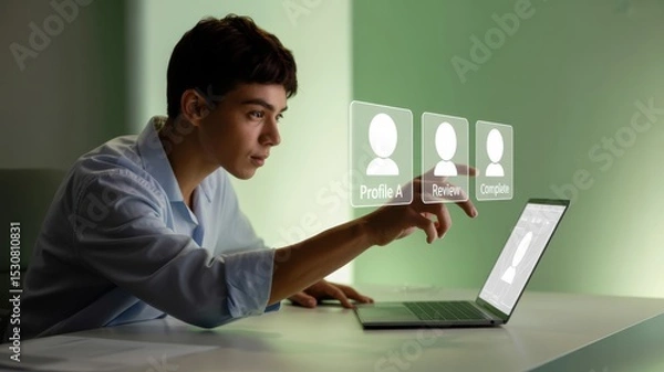 Fototapeta Person using a laptop computer and interacting with profile options.