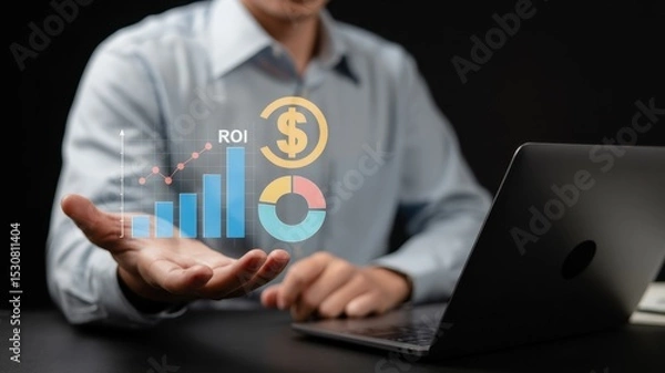 Fototapeta A person presenting a virtual financial growth graph.