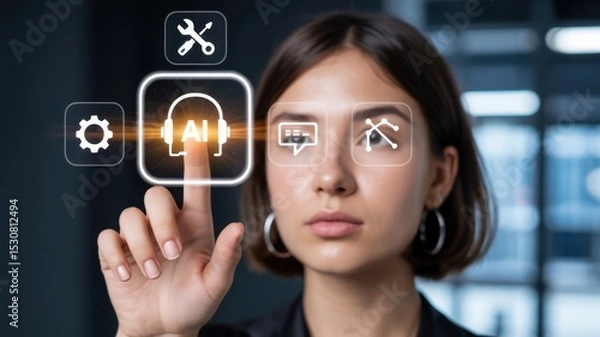 Fototapeta A young woman interacts with a digital interface showcasing artificial intelligence applications.