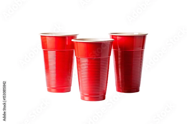 Fototapeta Three red plastic disposable party cups with ribbed texture arranged in triangular formation, isolated on a transparent background