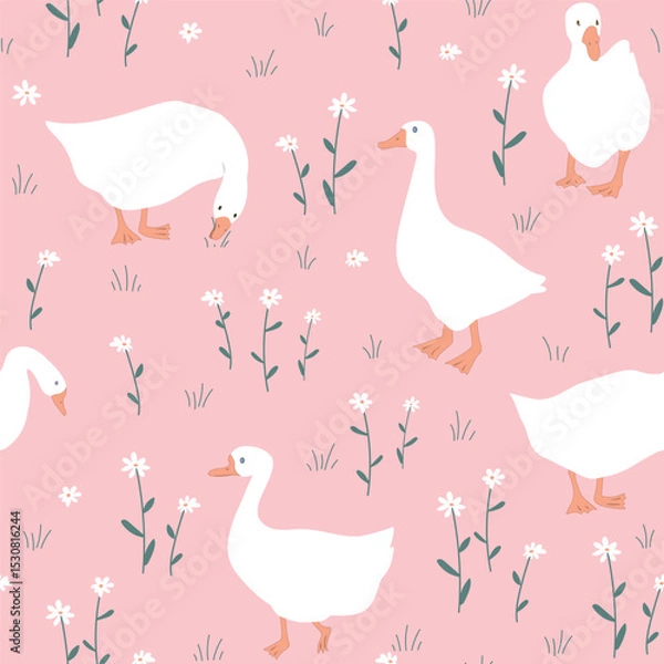 Fototapeta Hand drawn nursery pattern with cute cartoon goose and daisy flowers. Seamless vector background.
