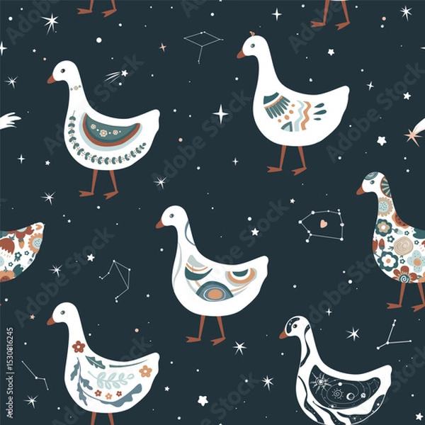 Fototapeta Cute cartoon geese among the stars seamless pattern. Doodle patterned goose collection. Rustic, nursery, folk, or Scandinavian style. Vector background